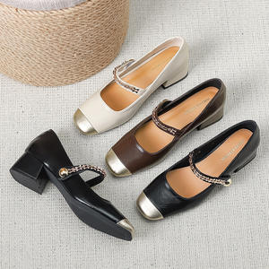 New Spring 2025 Women's <b>Shoes</b>: Color-blocked Square Toe <b>Chunky</b> Heel One-strap French-style Low-cut Leather <b>Shoes</b> - Product Image 1