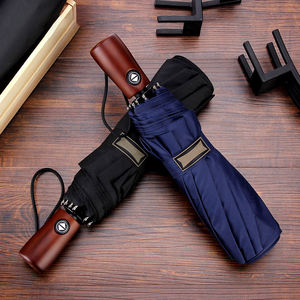 Automatico aperto 10 costole compatto doppio strato aria ventilata impugnatura antiscivolo manico in legno personalizzato logo stampa ombrello pieghevole - Product Image 1