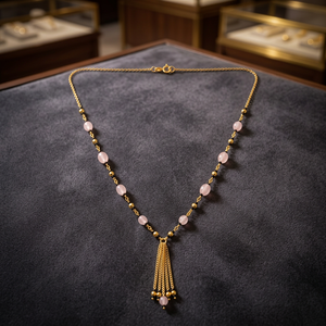 Collier Lariat pour femme en perles d'imitation plaqué rhodium, quartz rose, avec pampille, style bohème, chaîne à maillons, bijou cadeau - Product Image 4