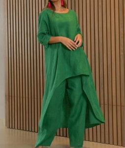 Ensemble deux pièces décontracté en coton et lin pour femme Nuo, pantalon large à manches longues et coupe irrégulière, motif uni numérique au dos - Product Image 5