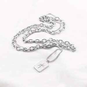 yunnique Fashion Layered Necklace Double <b>Chain</b> Star Pendant <b>Titanium</b> Steel Silver Tone Hip Hop Style - Product Image 2