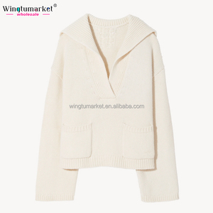 Suéter de mujer Jersey de gran tamaño sólido cuello en V manga ancha cuello <span class=keywords><strong>marinero</strong></span> Cachemira Top de punto - Product Image 2