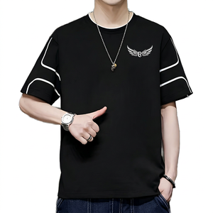 Men's <b>Black</b> Short Sleeve T-<b>Shirt</b> with Wing Logo Contrast Trim Casual O-Neck Jersey Fit Regular Length Solid <b>Silk</b> Screen Printing - Product Image 1