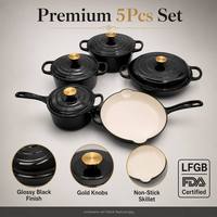 Ensemble de 5 ustensiles de cuisine en fonte émaillée noire EliteChef avec boutons dorés de luxe, faitout antiadhésif, vente en gros pour cuisines professionnelles