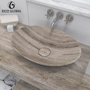 Lavabo ovale en travertin, vasque en pierre naturelle, design minimaliste poli, lavabo de salle de bain à poser, finition brossée - Product Image 3