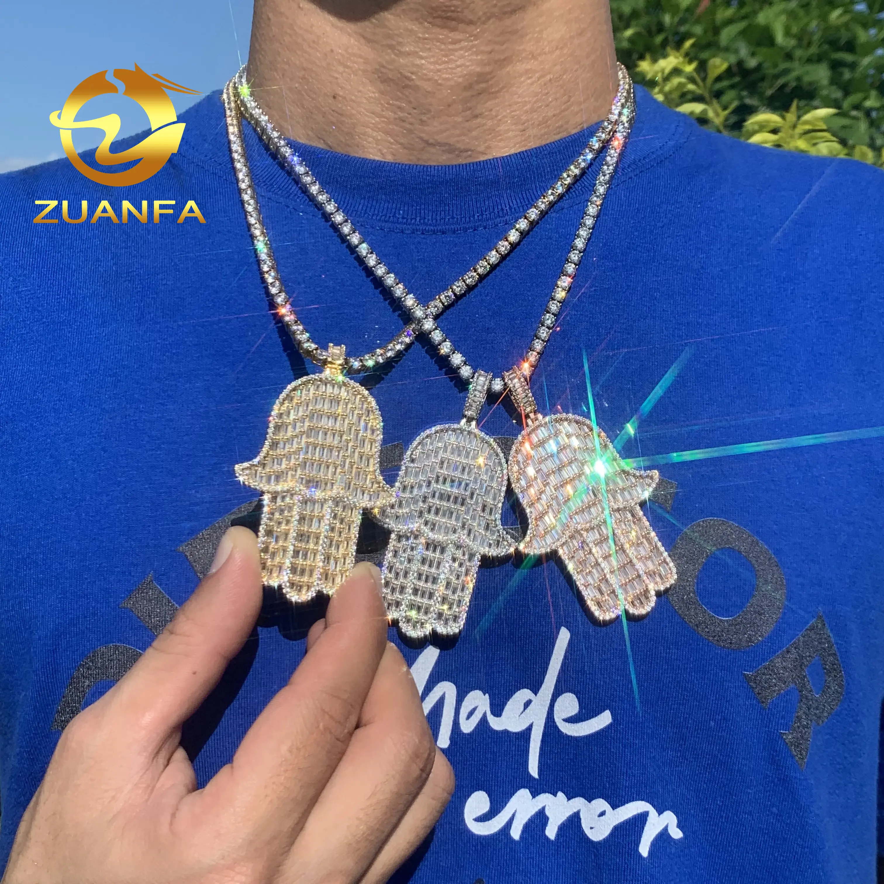 Iced Out Baguette 3Inch Mannen Grote Custom Ketting Hamsa Hand Cuban 925 Zilver Moissanite Hiphop Hangers