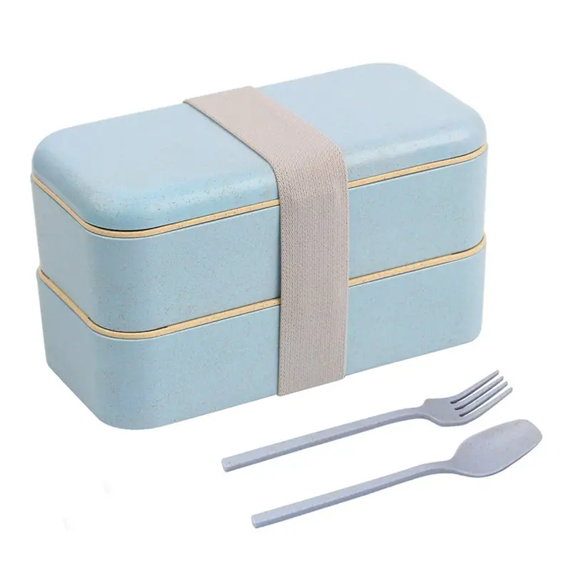 Wheat Straw biologisch abbaubar caja almuerzo 2 schicht essen mittagessen box mit trennung Including Spoon And Fork