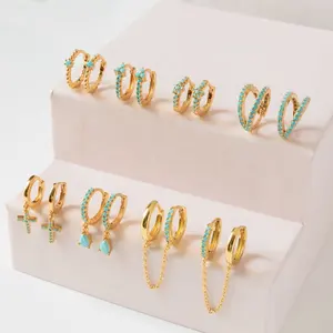 Luxury Korean Kids Jewelry 925 Sterling Silver Flower Cross Teardrop Turquoise Texture Triple Hoop Earrings Gold Plated