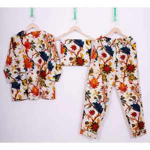 Conjunto de 2 Piezas para Mujer, Estampado a Mano, 100% Algodón Satinado, 220g, Transpirable, Cintura Elástica, Cuello en V, Estilo Casual, Otoñal, Largo Completo - Product Image 4