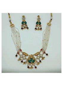 Traditional Gold Plated <b>Necklace</b> <b>Set</b> with Green Pendant <b>Pearl</b> Beads and Red Accents Bridal Wedding Jewelry - Product Image 2
