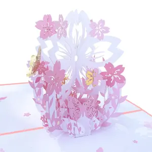 OEM ODM定制标志创意低价多色3D弹出纸雕刻粉色樱花谢谢贺卡