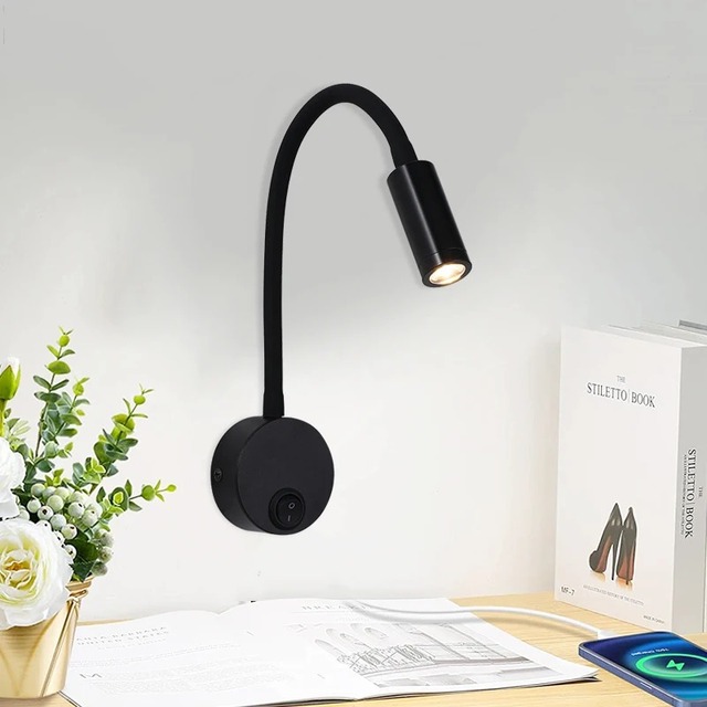 LED 3W Gooseneck Reading Wall Lamp Flexible Adjustable With Switch Work Study Wall Mounted 85-265V Bedroom Bedside Night Light