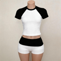 Vêtements tendance pour femmes 2026 – Ensemble décontracté 2 pièces color block avec haut raglan et short à cordon de serrage, logo personnalisé, coton élasthanne