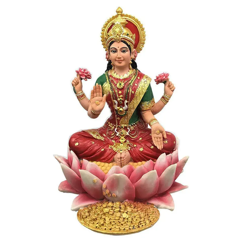 Lakshmi Hindu Godin Op Lotusbeeld Beeldhouwwerk