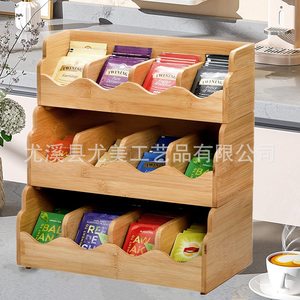 Estante de almacenamiento para bolsitas de té de bambú, estante de almacenamiento de café de tres niveles con múltiples compartimentos, estante de sobremesa para bolsitas de té para sala de té, venta al por mayor. - Product Image 3