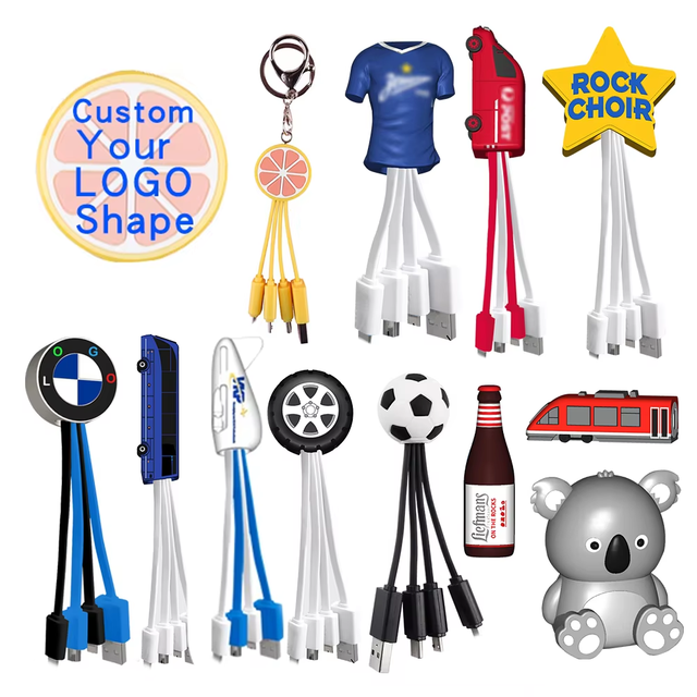 Customized Brand LOGO Design 4In1 Usb Charging Cable Multi Plug Pvc Keychain Cell Phone USB 3 in 1 Charger Cable