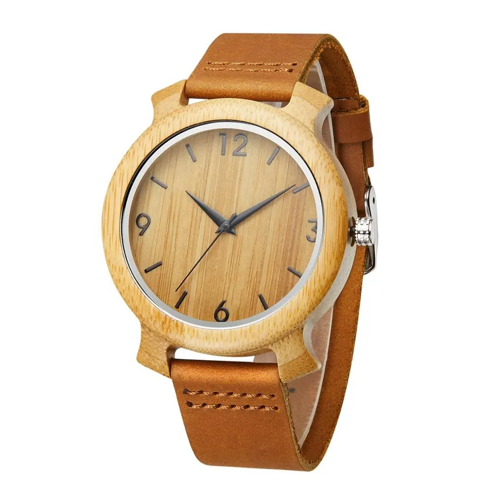 カスタムロゴメンズ木製時計レザーストラップ付き竹時計Reloj De Bambu
