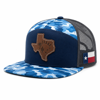 Gorra Trucker de 7 Paneles Personalizada de Alta Calidad, Malla Trasera, Visera Plana, Parche de Cuero con Camuflaje, Cierre a Presión, Gorra Deportiva de Béisbol