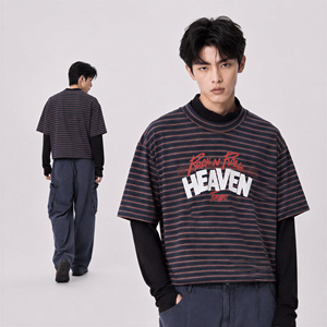 เสื้อยืดลายทางโอเวอร์ไซส์ผู้ชาย ลายกราฟิก Rock N Roll Heaven Forever สไตล์เลเยอร์สองชิ้น ขายส่งเสื้อผ้าสตรีทแวร์ - Product Image 6