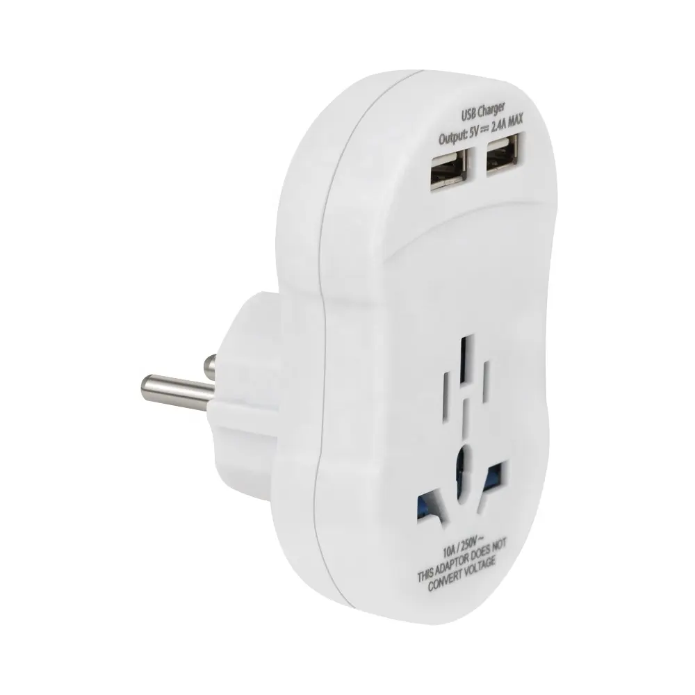 Adaptador de enchufe múltiple con conexión a tierra HSUEL Europe 2USB 2.4A con enchufe Shucko, potencia de salida de 12W y varias protecciones, función QC2.0