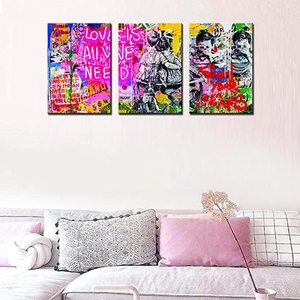 Graffiti Street Art Banksy Canvas Wall Art for Living Room Decor 3 Pieces Little <strong>Couple</strong> Picture Print Pop <strong>Artwork</strong> - Product Image 3