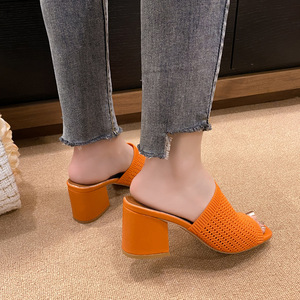 Sandales d'été respirantes à bout carré en maille pour femmes, nouvelle collection, talon épais, grandes tailles, talon moyen - Product Image 3