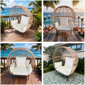Beige Rattan <b>Egg</b>-Shaped Hanging Lounge Chair, Indoor Outdoor Patio Swing <b>Seat</b> with Cushions for Hotel Villa Garden, Custom OEM - Product Image 3