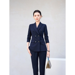 Women's Double-breasted Suit Set Gray Wool Blend Three Quarter Sleeve Formal <b>Work</b> Commuting Outfit Anti-wrinkle - Product Image 2