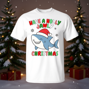 Camiseta navideña para amantes de los tiburones, diseño navideño Have A Holly Jawly, camisa blanca para hombre - Product Image 3