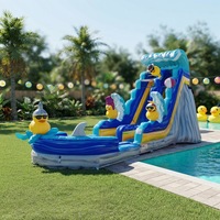 Toboggan aquatique gonflable robuste à double piste avec piscine, motif canards jaunes de dessin animé