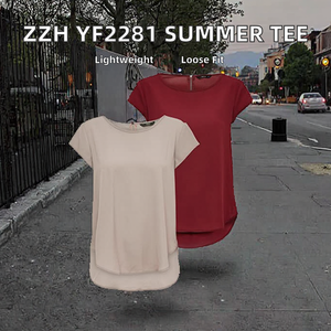 Women's Short Sleeve O-Neck Chiffon T-Shirt Loose Fit Solid Color Casual <b>Top</b> Spring Summer Wear Beige Red - Product Image 2