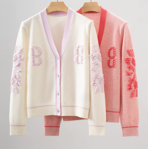 Nuovo Cardigan di alta qualità in Cashmere cappotti 2025 maglieria autunno inverno da donna con scollo a V <span class=keywords><strong>motivi</strong></span> ricamati cappotti <span class=keywords><strong>rosa</strong></span> bianchi - Product Image 1
