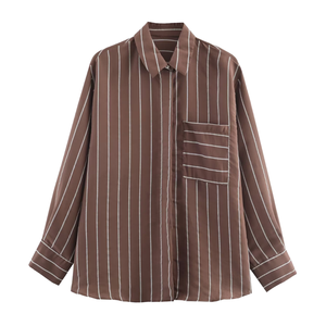 Camisa de satén a rayas marrones para mujer, de manga larga, con cuello y bolsillo, estilo casual, holgada, de manga completa - Product Image 1