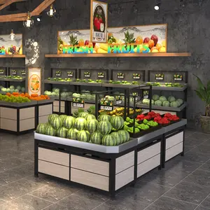 Prateleira de superfície fresca, prateleira de madeira com três camadas para vegetais e frutas, exibição de frutas