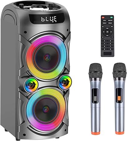 Karaoke Machine with 2 Wireless Microphones, Portable PA System Big Blue tooth Speaker Support Bass/Treble Adjustment