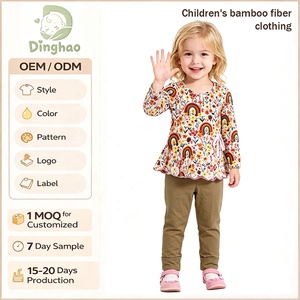 DH ODM Ropa Infantil Boho de Bambú al por Mayor, Conjunto de Túnica Peplum Floral y Leggings, Ropa de Juego Retro de Manga Larga con Arcoíris para Niñas - Product Image 1