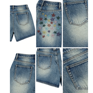 Shorts en jean vintage délavé pour homme, broderie étoile colorée, coupe droite ample, style décontracté streetwear, tendance mode - Product Image 5