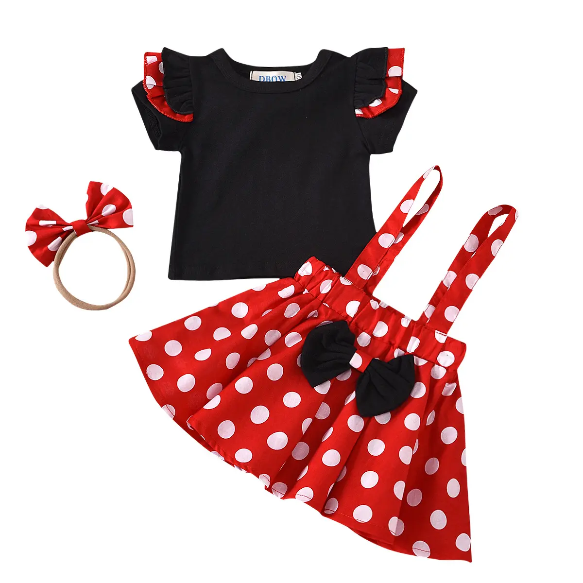 2022 summer black t shirt and red dot overalls skirt 2pcs set baby dress girls 0-2 T Baby and Toddler Set