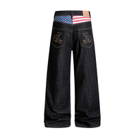Jeans tendance américain neuf avec broderie panthère rétro et patch drapeau, design taille haute, coupe large et stylée