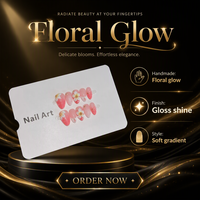 Ongles artificiels faits à la main à pression, forme amande, couvrance totale, motif floral rose glacé, modèle C674
