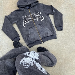 Conjunto de Sudadera con Capucha y Cremallera Personalizada con Logo, Estilo Urbano, y Pantalones Acampanados Vintage con Lavado Ácido - Product Image 3