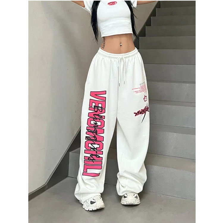 Calça de moletom Y2K coreana para mulheres, calça esportiva Kpop com estampa de letras, calça larga hip hop para corrida e hip hop, roupa de rua branca