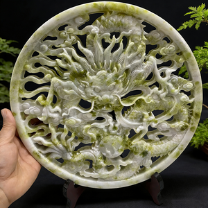 Натуральный зеленый нефритовый драгоценный камень диаметром 30 см, китайский дракон, резьба по дереву, полый резной фэн-шуй, стиль для украшения дома - Product Image 1
