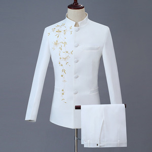 Stand Coller <span class=keywords><strong>Blazer</strong></span> Chinesischer Stil Gold Bestickter Herren anzug & Hose 2-teiliges Set Mode - Product Image 4