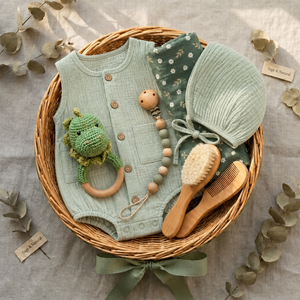 Ensemble cadeau bébé KAIYUE, barboteuse en mousseline de coton <span class=keywords><strong>vert</strong></span> <span class=keywords><strong>sauge</strong></span> style bohème et hochet dinosaure pour nouveau-né - Product Image 1