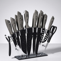 Ensemble de 19 couteaux de cuisine en acier inoxydable avec revêtement antiadhésif, manches en plastique imitation bois, lavable au lave-vaisselle, support inclus, couteau à fromage, couteau à pizza