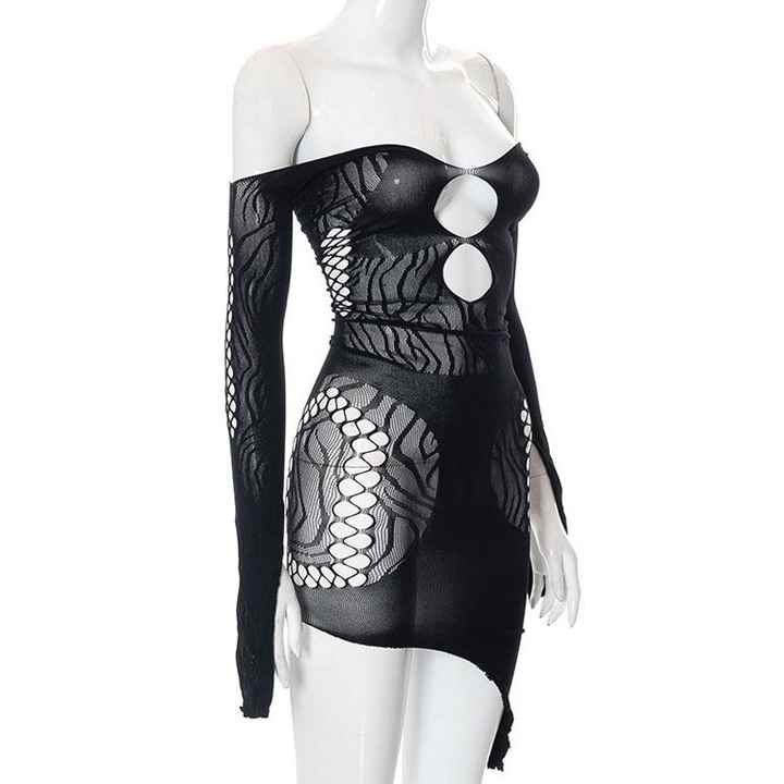Mesh See-Through Off Shoulder Spaghetti Hollow Out Tied Pleated Dress main image 0