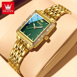 Women's <b>Gold</b> <b>Rectangle</b> <b>Watch</b> Green Dial Rhinestone Bezel Analog Quartz Date Deployment Clasp 30mm 9995 - Product Image 1