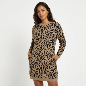 Vestido Cárdigan de Lana con Estampado de Leopardo para Mujer, Holgado, Cuello Alto Simulado, Manga Larga, Tejido, Midi, Oversize, Sencillo - Product Image 1