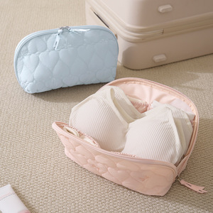 Lingerie Storage Bag Quilted Round Portable For <b>Bras</b> Underwear Travel Students Makeup Organizer Pink Off White <b>Blue</b> - Product Image 1